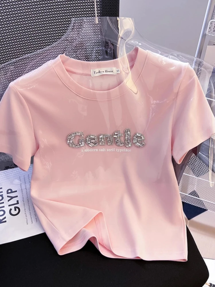 Women's Cotton Tops Short Sleeve T-Shirt Heavy Embroidery Waist Cinching Shoulder Design Folded Side Slim Fit Summer New Blouse