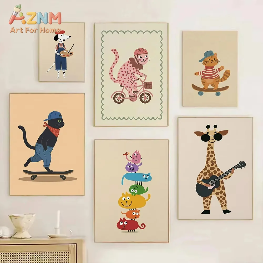 Dalmatian Painter Cat Giraffe Playing Guitar Art Poster Print Funny Animal Colorful Pictures  Dorm Room Home Decoration