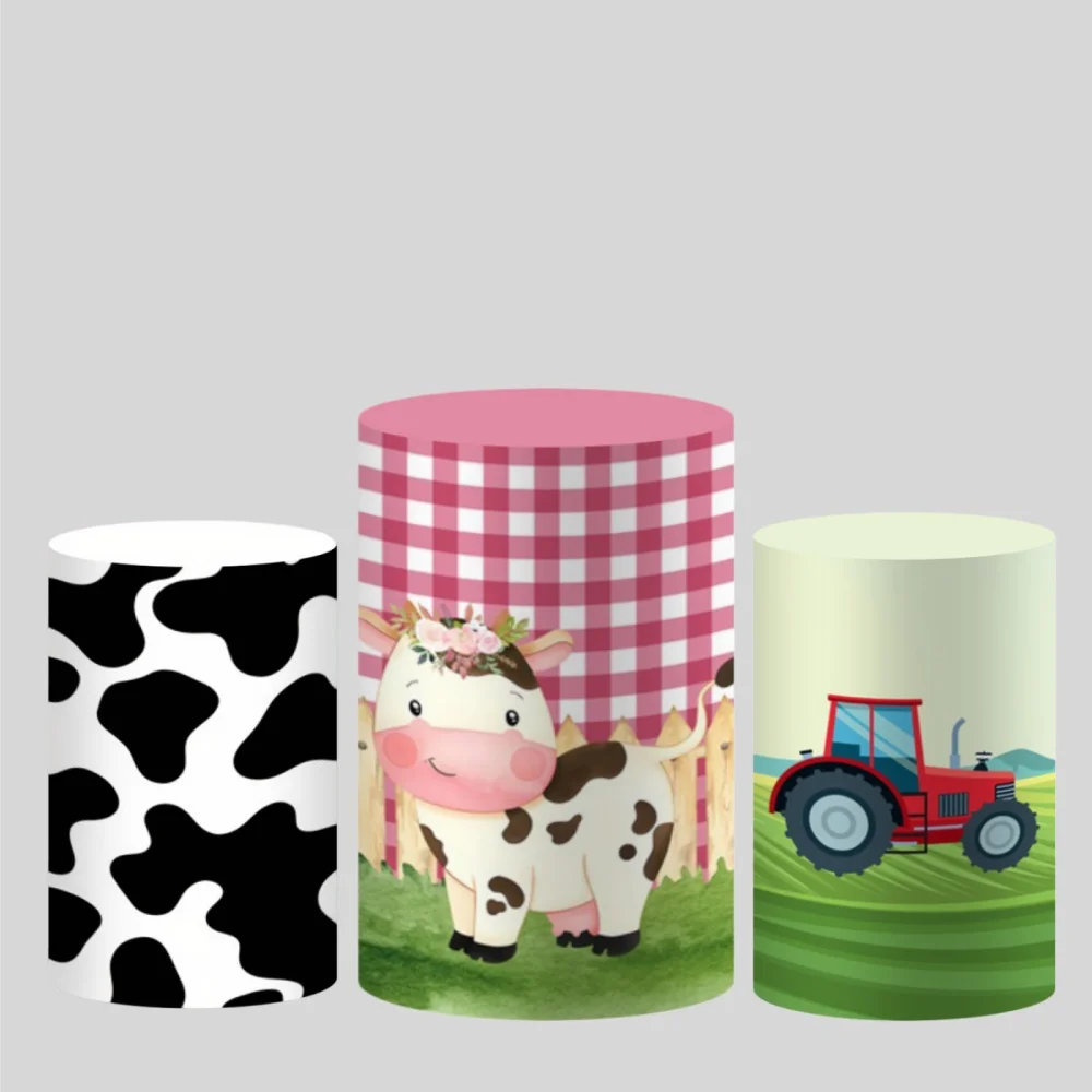 Farm Barn Tractor Cylinder Column Covers Cow Print  Fabric Elastic Birthday Baby Shower Decor Dessert Table Cover Background