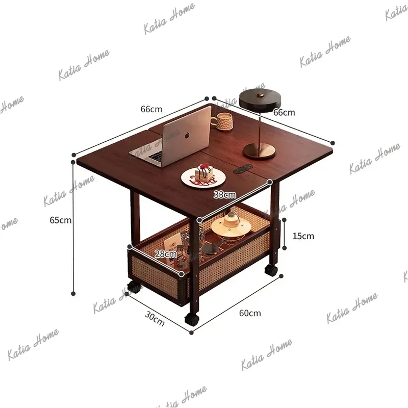 YJ Folding Mobile Coffee Table Rattan On Wheels Vintage Rustic Coffee Table Multifunction Modern Mesa De Centro Furniture Home