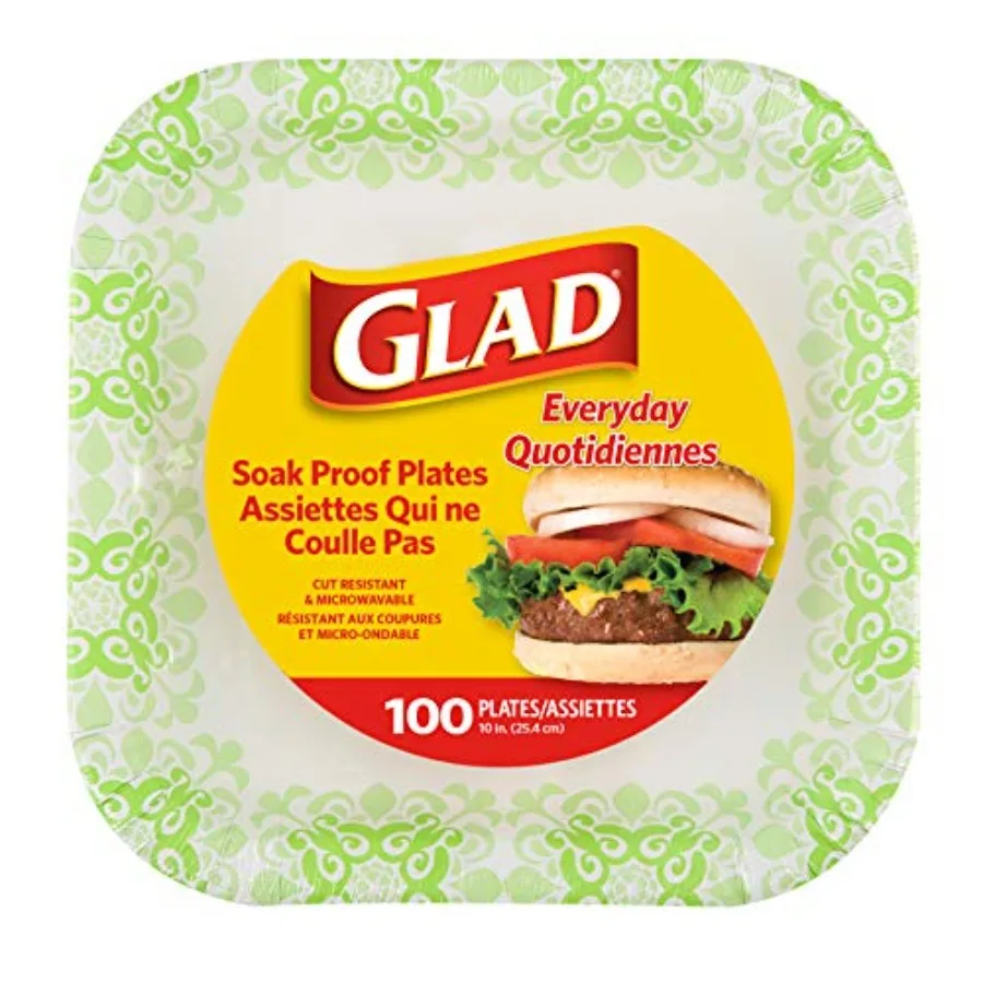 

Glad Square Heavy Duty Paper Plates, Soak Proof and Cut Proof Disposable Plates for Parties and Everyday Meals, Microwaveable f
