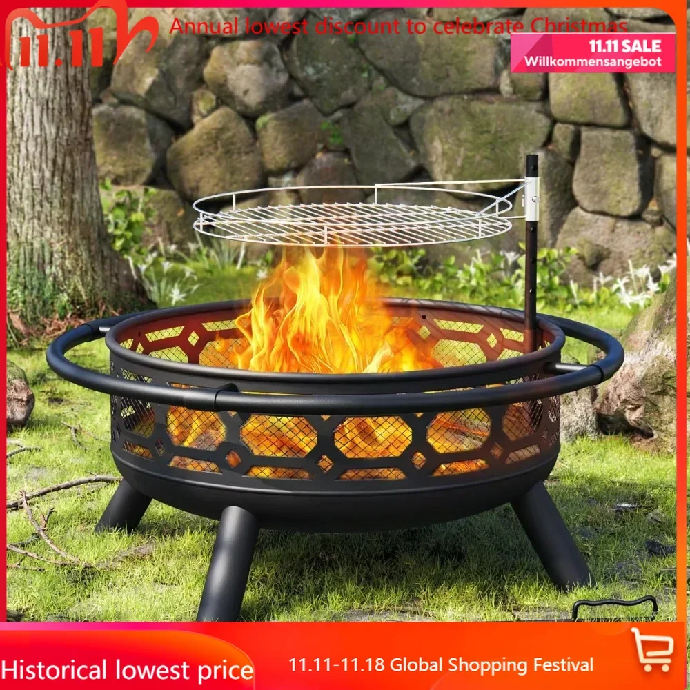 

36 Inch Fire Pit, Outdoor Wood Burning Firepit with Removable Grill & Poker, Heavy Duty Metal Round Fireplace,2 in 1 Large Bonfi