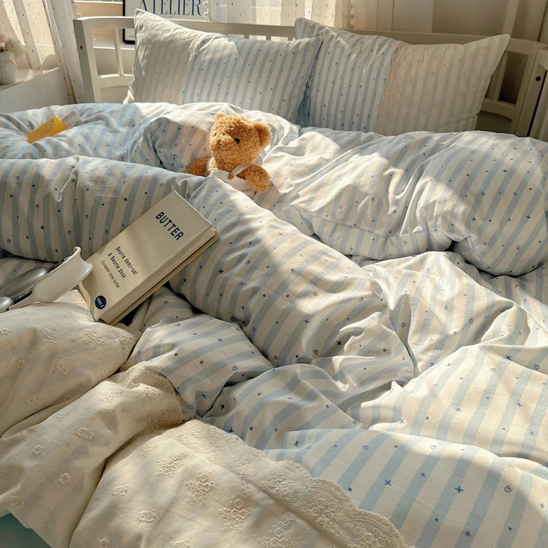 Striped Princess Bedding Set INS Nordic Girls Soft Washed Cotton Bed Flat Sheet Twin Queen Size Duvet Set Pillowcase Bed Linens