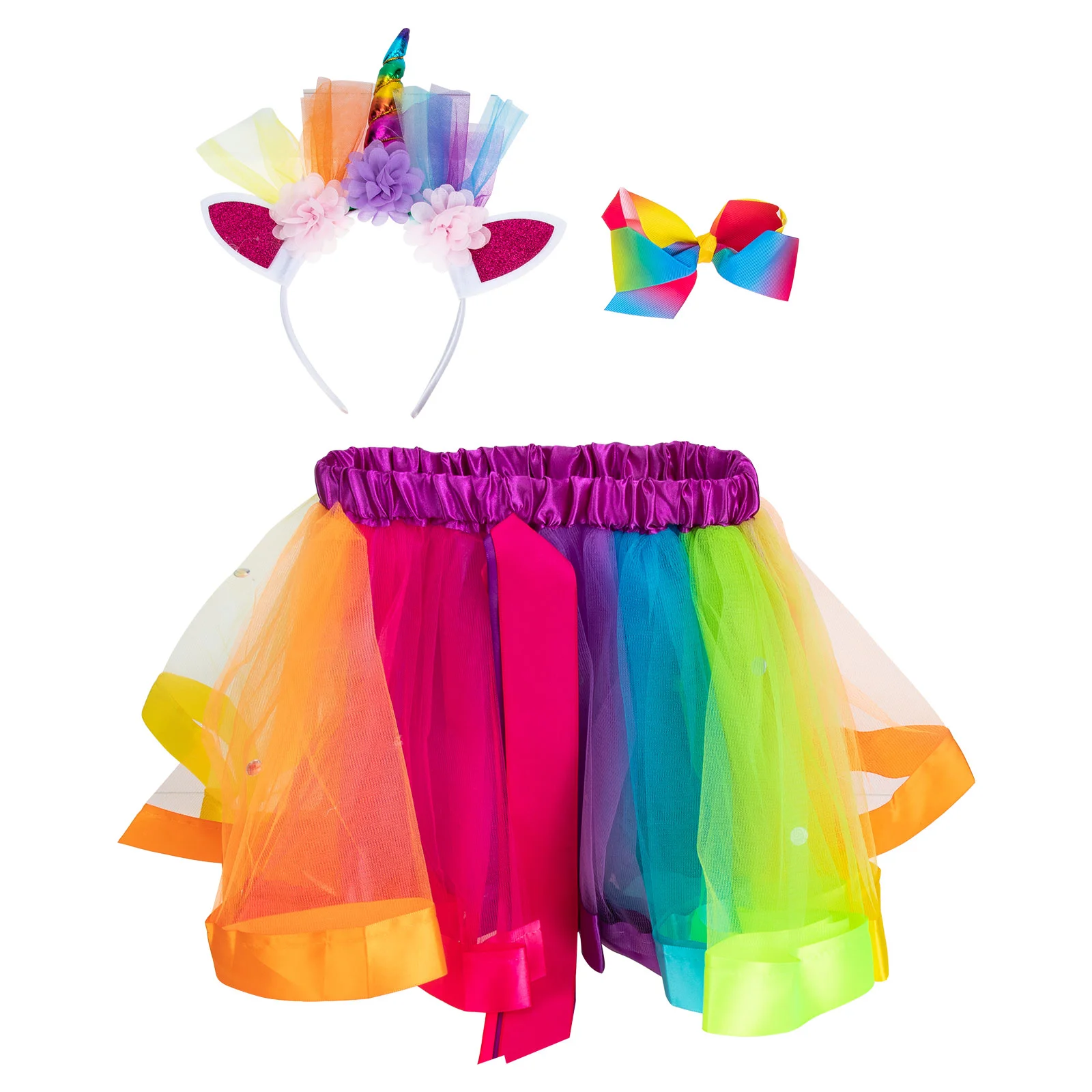 

Girls Headbands Children's Gauze Suit Rainbow Tutu Unicorn Headdress with Skirt M Party Decoration Cosplay Colorful Costume