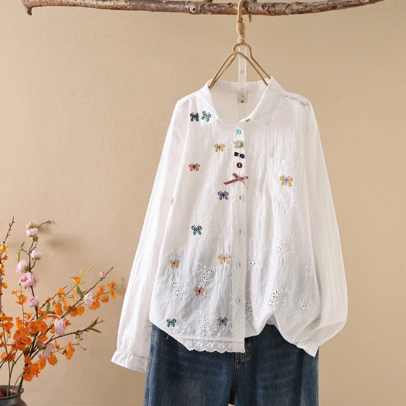 

Японская милая женская блузка в стиле Mori Girl с вышивкой бабочек, хлопковая, весенняя, новая, с отложным воротником, длинным рукавом, повседневная, свободного кроя