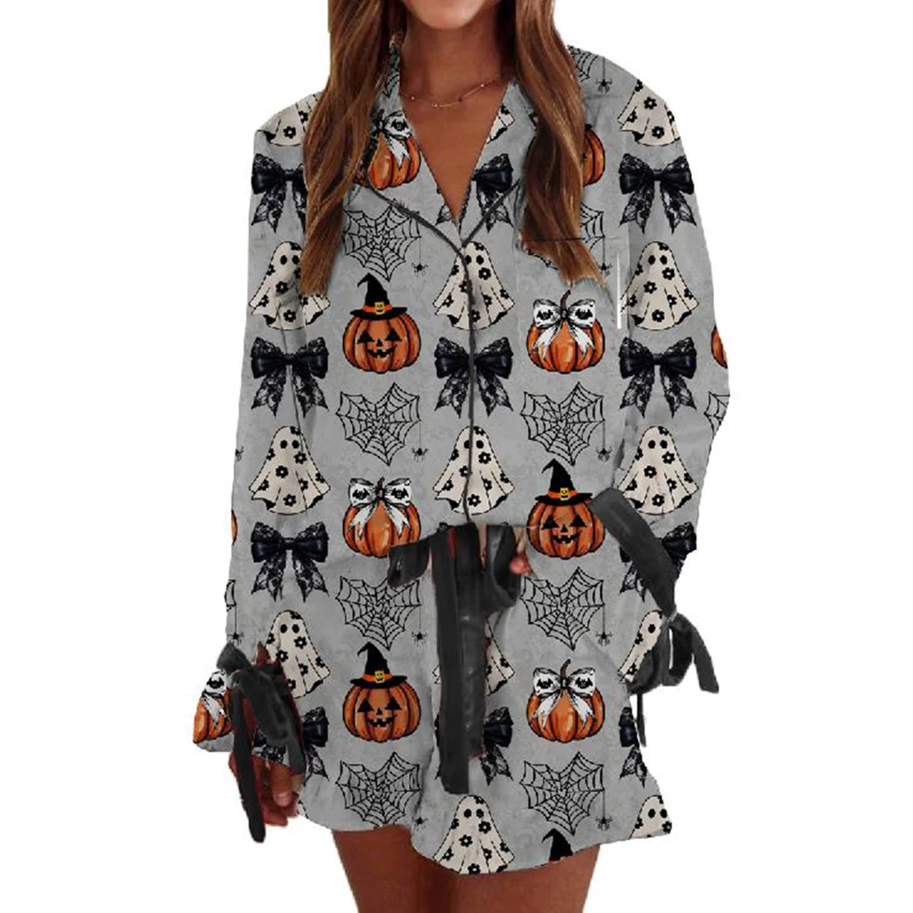

Женские пижамные комплекты из 2 предметов на Хэллоуин, расклешенные топы с длинными рукавами и лацканами с V-образным вырезом, топы с принтом на тему Хэллоуина и шорты