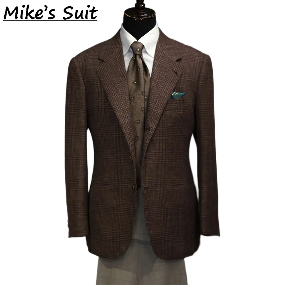 Chocolate Glen Check Tweed Wool Men Suit 2 Piece Jacket And Pants Man Suits Tuxedos For Business Wedding Groom