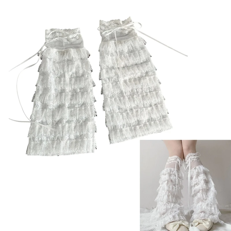 

Японские многоярусные кружевные гетры с рюшами для женщин, расклешенные чехлы для ног с лентой на шнурке, сетчатые рукава принцессы
