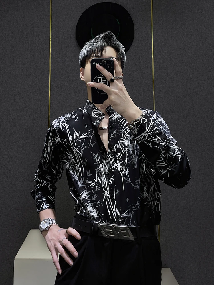 

Ele Long Sve Men's irt Bamboo Print Ice Silk Smooth Stand Collar Spring Summer Faionable Youth Stand Fit Thin M...