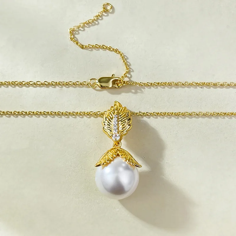 New S925 Silver Plated French Romantic Gold Leaf 12mm Pearl Pendant New Middle Ages Necklace