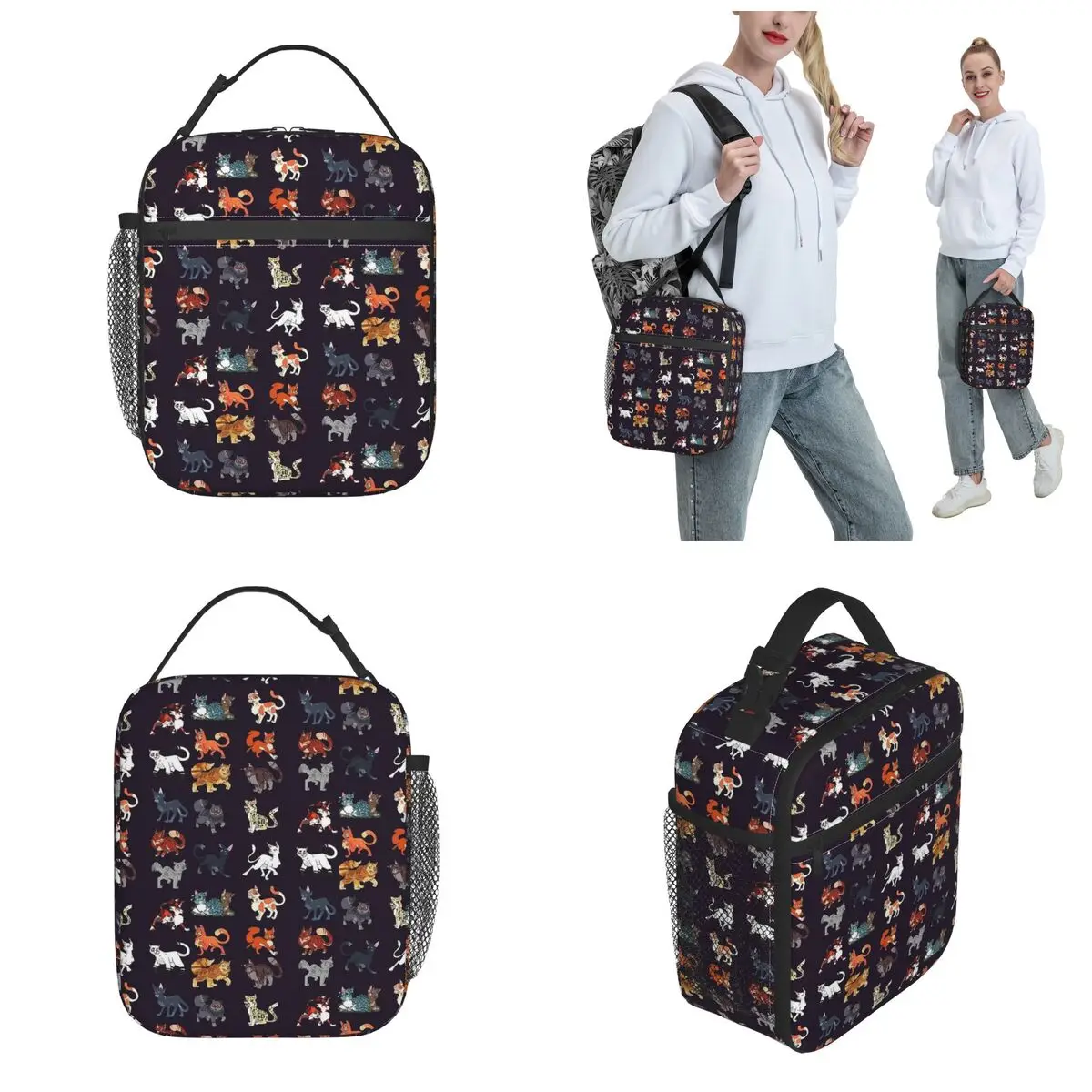 Warrior Cute Cats Lovers Insulated Lunch Bags Large Cool Lunch Container Cooler Bag Tote Lunch Box School Picnic Girl Boy