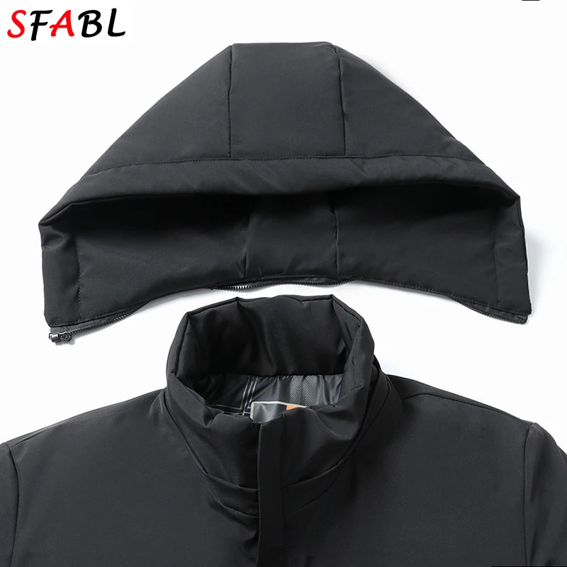 New Hooded Fleece Lining Men\'s Winter Jacket Coat Parka With Zipper Pockets Korean Winter Jackets for Men\'s Winter Coats Black