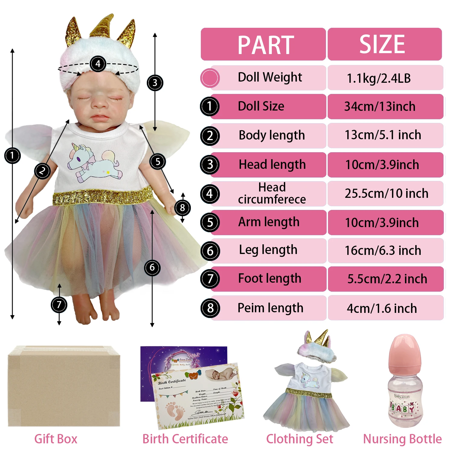 13 Inch Soft Silicone Reborn Girl Doll For Children Birthday Gifts Handmade Lifelike Newborn Baby