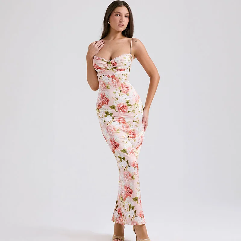 Apprabant Fashion Printed Camisole Dress Sexy Low Chest One Line Shoulder Backless Slim Fit Sexy Split Wrapped Hip Dresses