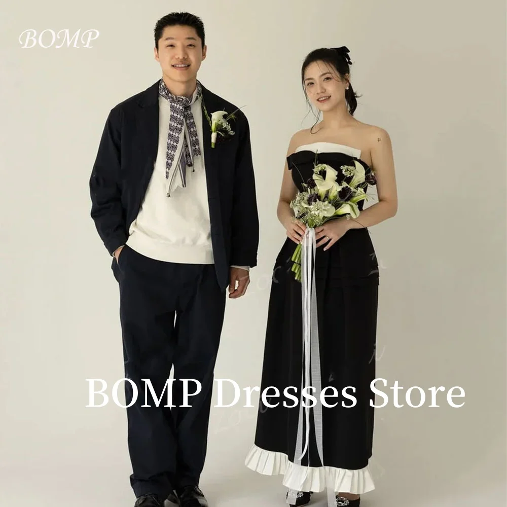 

BOMP Customized Simple Black White Korea Wedding Dresses Satin A Line Bow Photos Shoot Formal Evening Reception Gown 빅사이즈 파티드레스