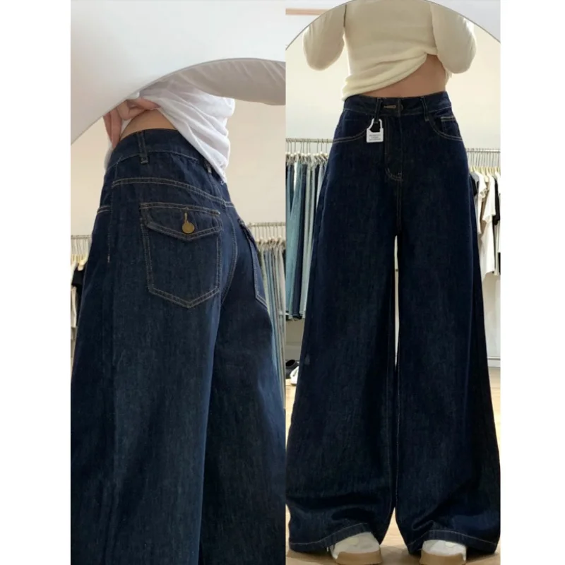 High Waist Wide Leg Blue Jeans Women plus Size Pear Shape Body American Style Loose Floor Length Straight Cut Denim Pants