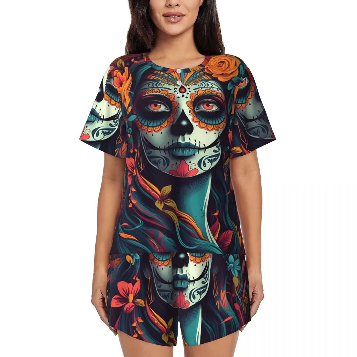 

Mexican Catrina Girl Day Of The Dead Sugar Skull Round Neck Short Sleeves Nightdress for Sleeping Women Pajama Set Short Pants