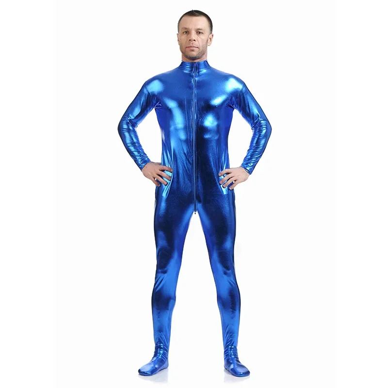 New Ensnovo Men Latex Suit Black Shiny Metallic Tights Gold Zentai Suit Full Body Unitard Custom Skin Bodysuit Zipper Front BS54