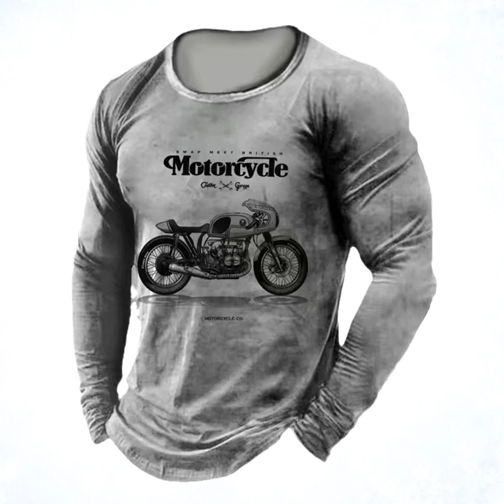 Men\'s Vintage Clothing Long Sleeve Top 3d Printed Motorcycle Pattern Black T-Shirt Simple Casual Round Neck Oversized Top