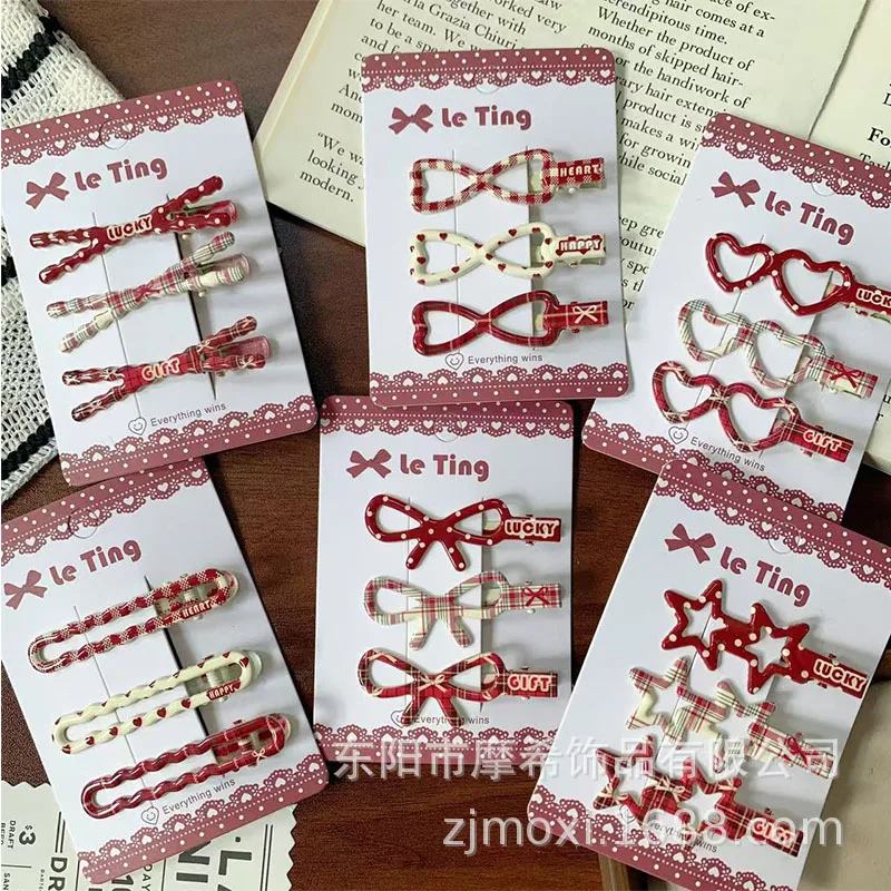 

Винтажные красные заколки для волос в клетку и горошек с геометрическим узором, милые металлические детские заколки для непослушных прядей, повседневные аксессуары для волос для девочек