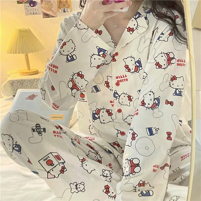 Anime Hello Kittys Pajamas Pants Set Women Sanrioed Kuromi Kawaii Cinnamoroll Long Sleeve Tops Pants Loungewear Homewear Sweet