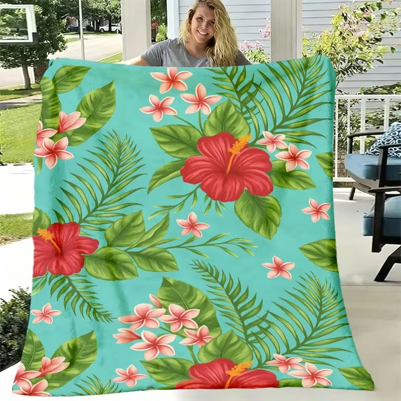 Tropical Hibiscus Plumeria Flannel Throw Blanket Palm Leaf Print Soft Warm Summer Botanical Blanket Beach Patio Decor