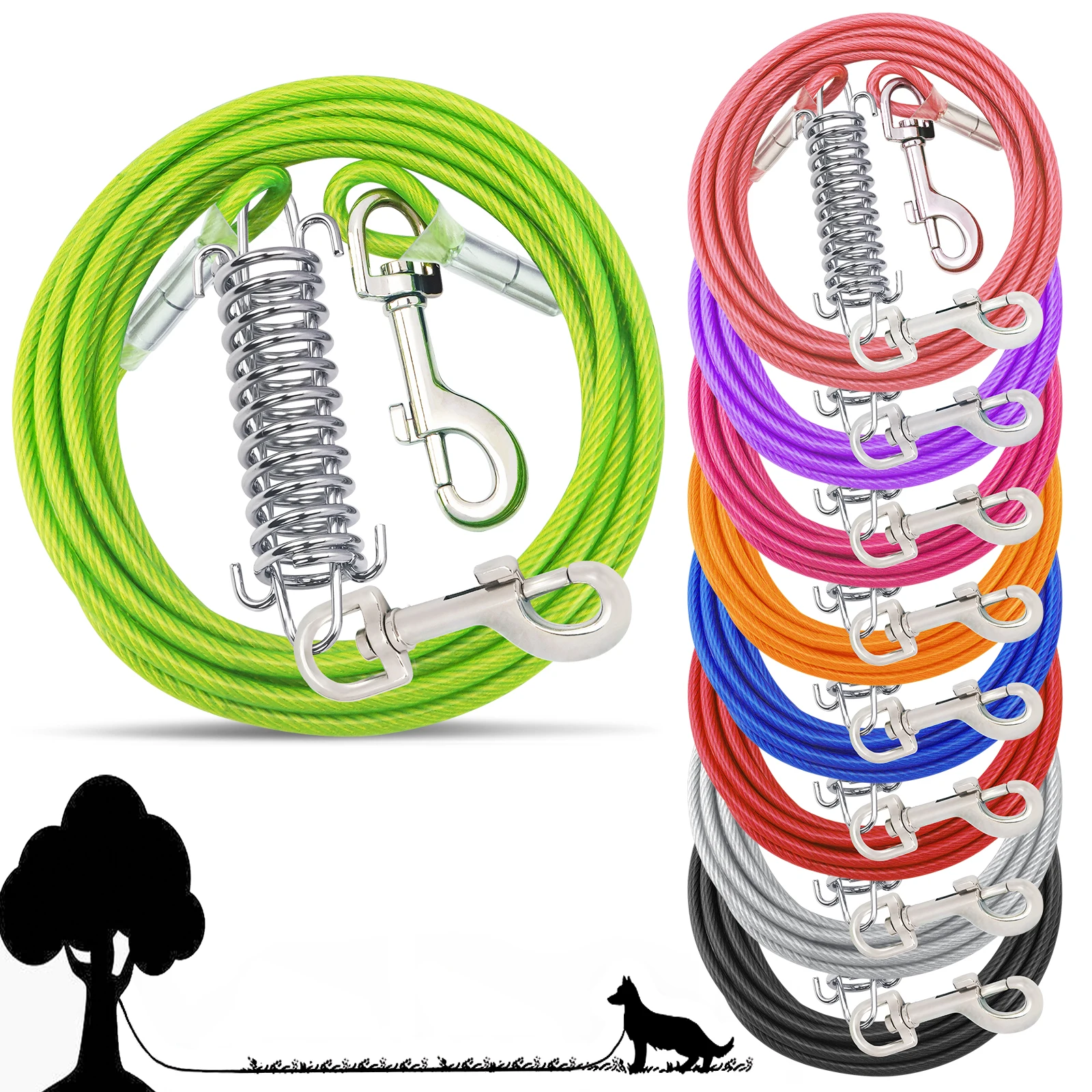 Tie Out Cable Dog Walking Training Glue coating Leashes Double Head Pet Wire Rope with Steel Buckle For Two Dogs Usage