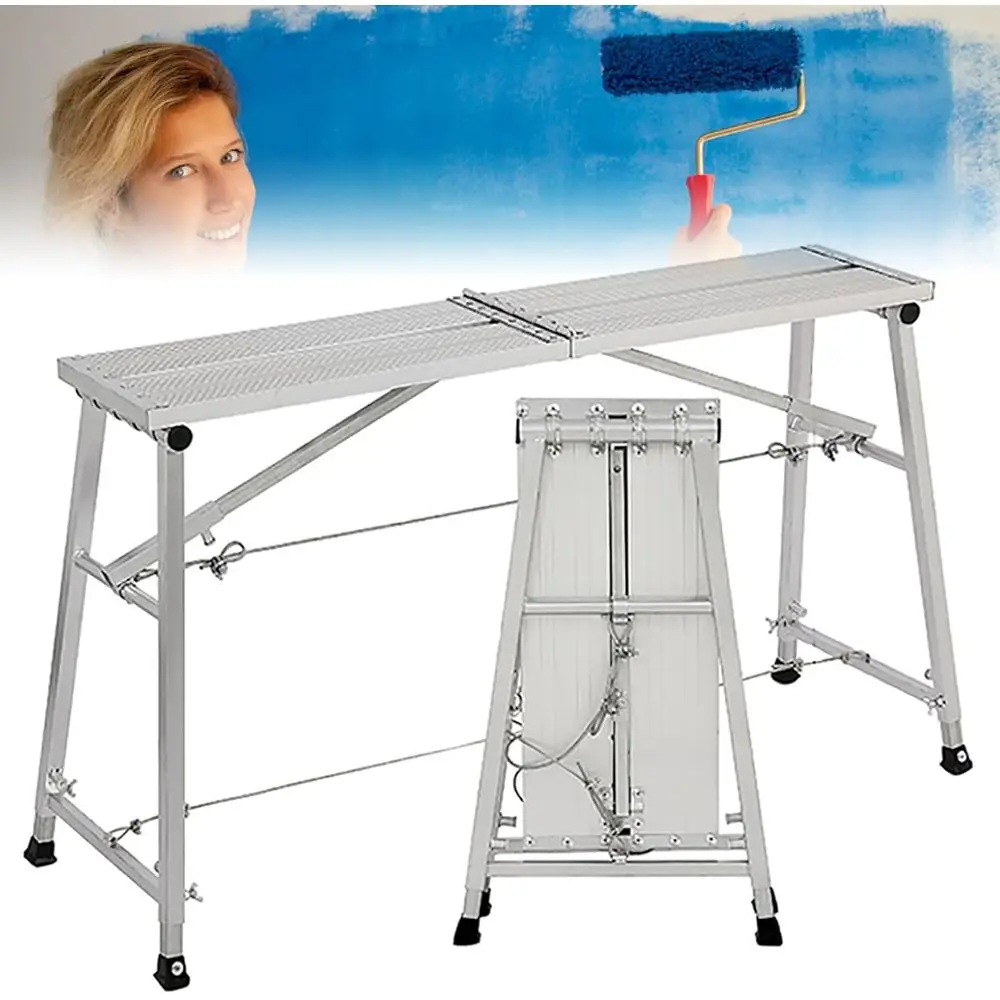 Adjustable Folding Scaffold Tower - 70-119cm, Work Bench for Ceiling Work, Cleaning, and Construction (120cm Length)