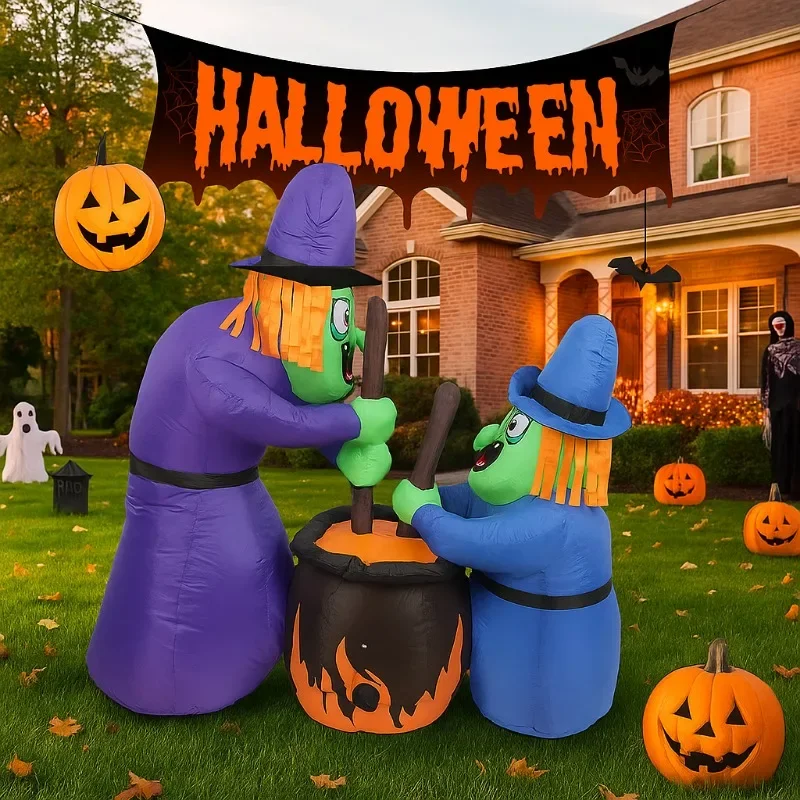 Giocattoli gonfiabili da 5 piedi Strega spettrale gonfiabile all'aperto e calderone gorgogliante Luce a LED Decorazione di Halloween per feste Prato Cortile Giardino