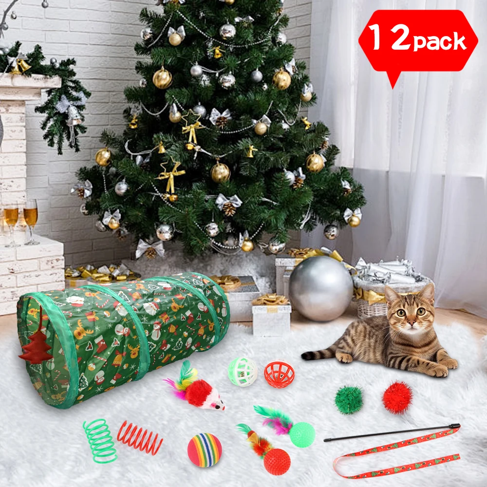 Cat Toy Set Christmas Design Folding Cat Tunnel Cat Nest - Stuffed Mouse - Funny Cat Stick - Plastic Ball Bell Toys and Other Combinations of Cats