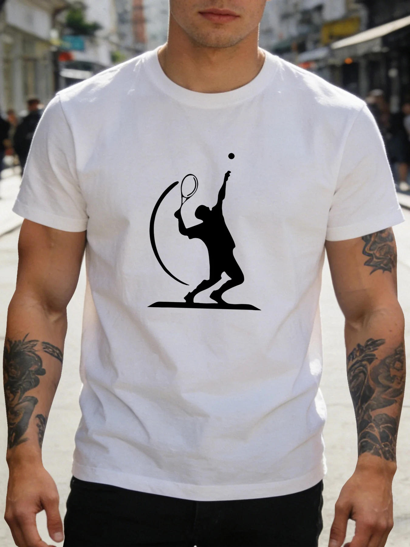 Men Cotton Short Sleeve Crew Neck Tee Tennis Serve Silhouette Sport Print Gift For Tennis Lover Casual Summer Daily Top