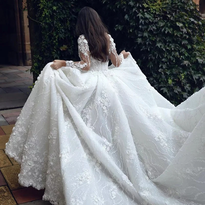 Luxury 2023 O-neck Wedding Dress for Woman Full Sleeve Appliques 3D Flowers Side Slit Bridal Gown Princess Robes De Mariee