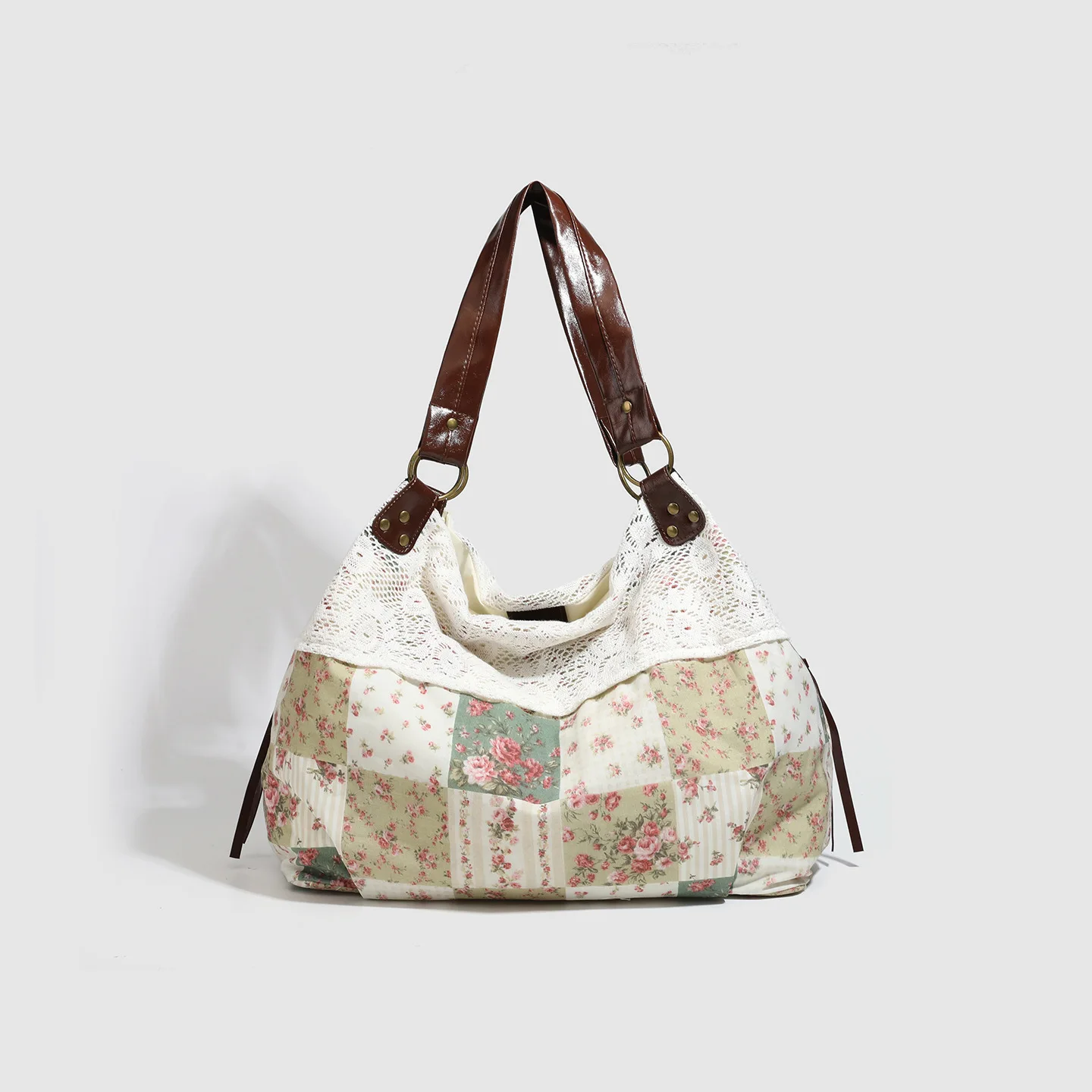 

Bohemian Shoulder Bag,Mori Girl Fairycore Women Ditsy Floral Patchwork Handbag With Lace Trim,Vintage Travel Commuter Tote Bag