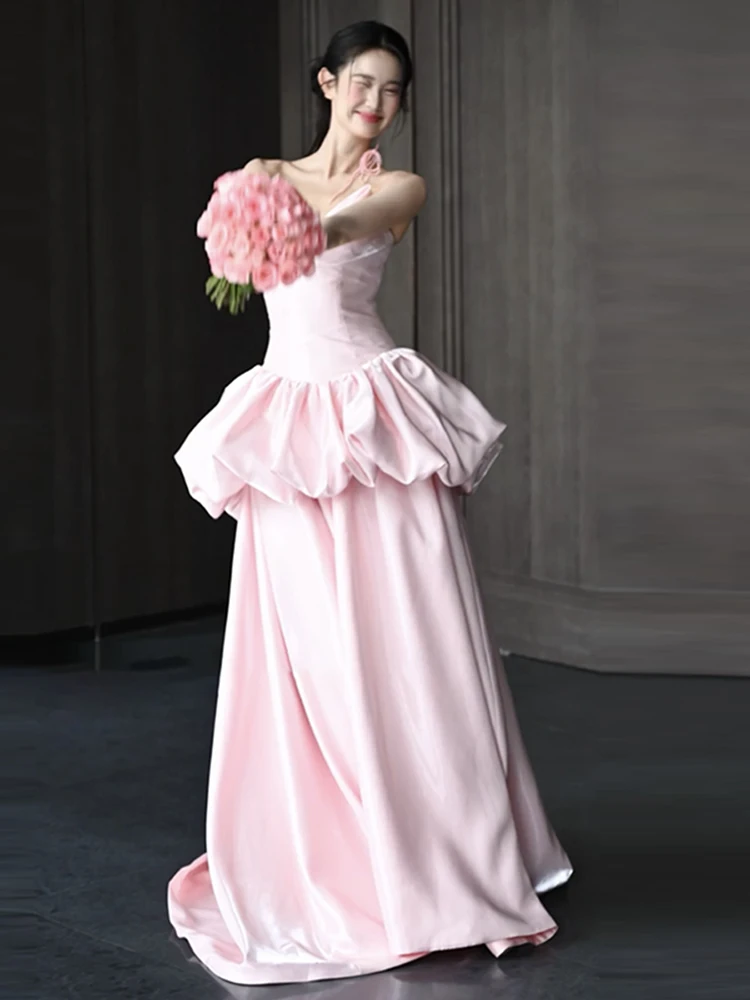 

Pink Evening Gown 2025 New Ele Bride High End Engagement Breakfast Robe Strapl Ball Gown Wedding Dr
