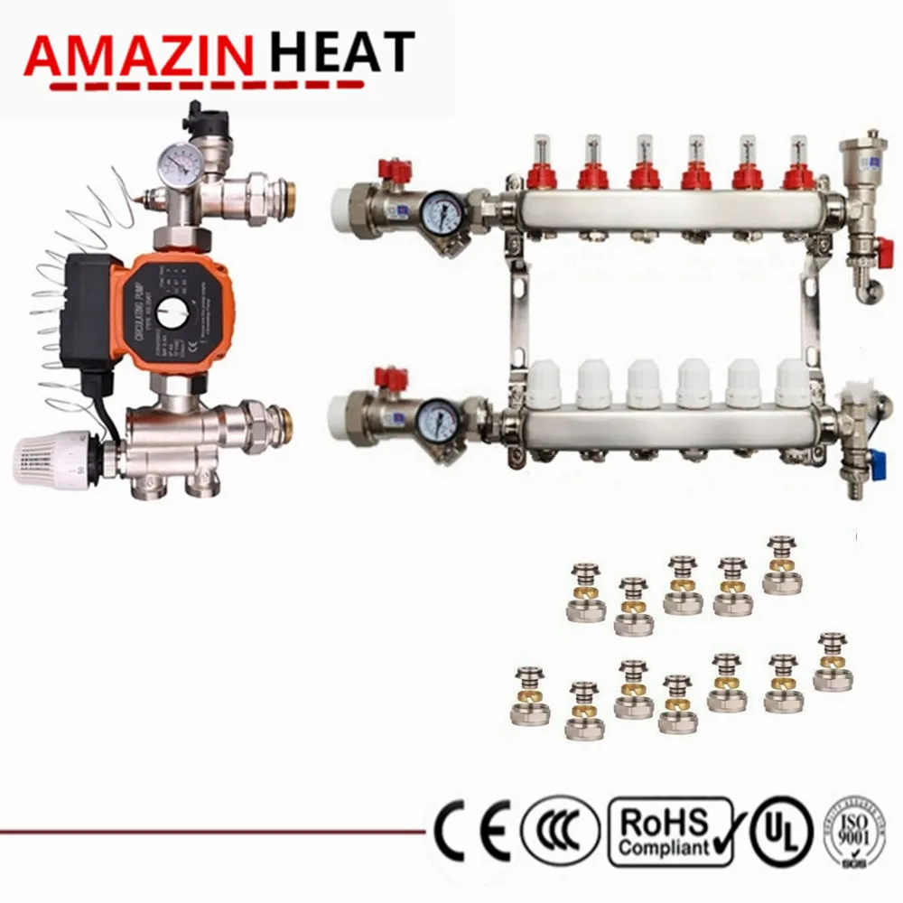 

WATER UNDERFLOOR HEATING KIT MANIFOLDS 1in 2 TO 8 PORTS PUMP PACK with Valve Vents Gauges and Mounting Brackets Stainless Steel