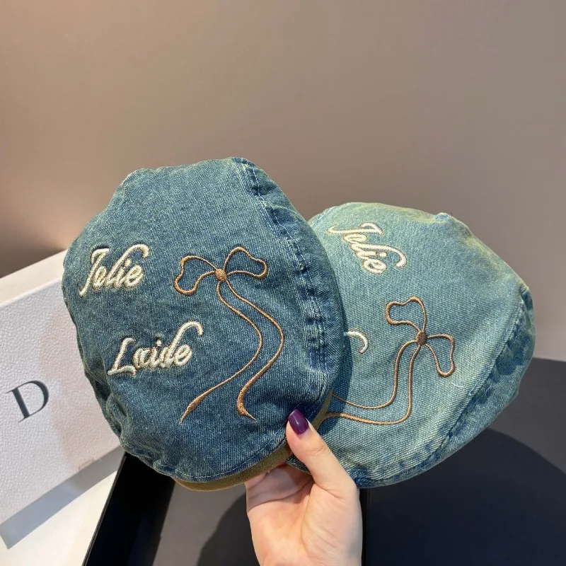 

​​2025 Embroidered Bow Baseball Cap Women Vintage Denim Adjustable Face Slimming UPF50+ Lightweight TikTok Viral