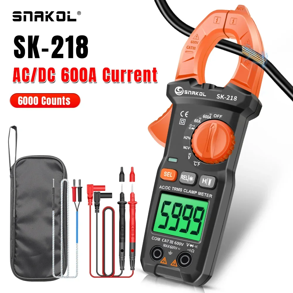 Profesjonalny cyfrowy miernik cęgowy SK218 600A True RMS do pomiaru prądu AC/DC, automatyczny zakres, pomiar napięcia, tester elektryczny.