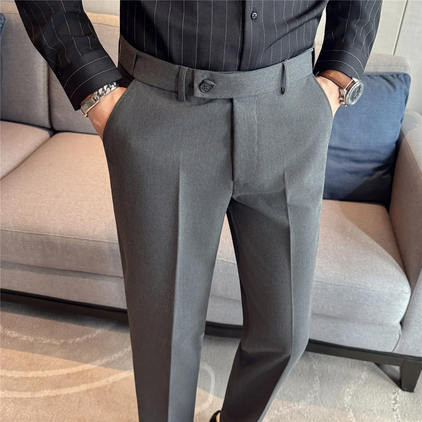 

Autumn Winter High Quality Suit Pants Men Solid Color Elastic Waist Slim Fit Smart Casual Wrinkle Free Suit Trousers Mens Pant
