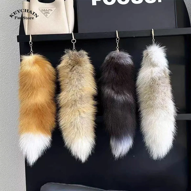 natural fox fur tail keychain furry 2024 chic y2k beautiful accessory length 40 cm Car Keychains For Women