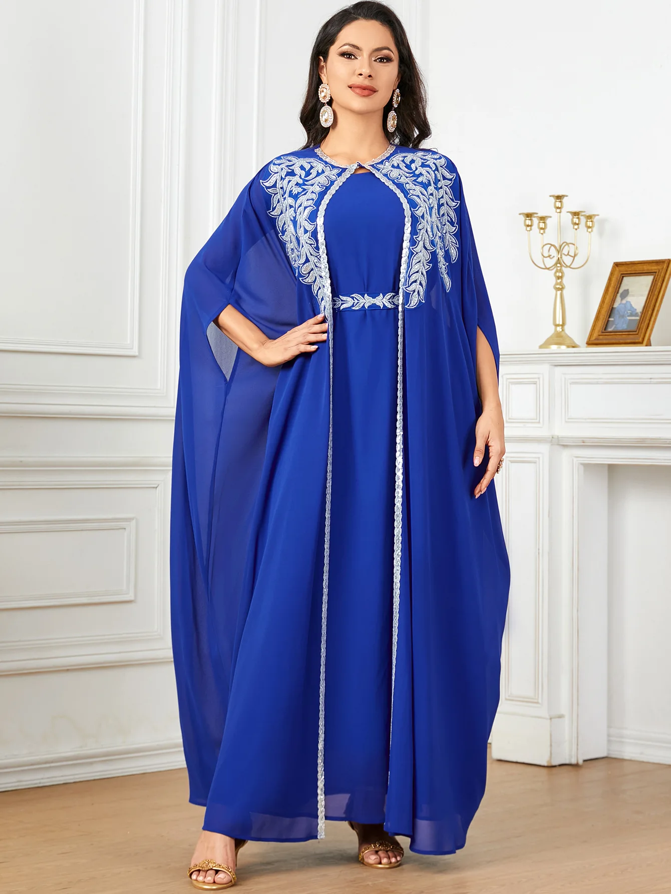 Elegant Cloak Party Gown for Women Moroccan Saudi Kimono Belted Dress Turkey Abayas Set Arab Kaftan Dubai Kaftan Muslim Jalabiya