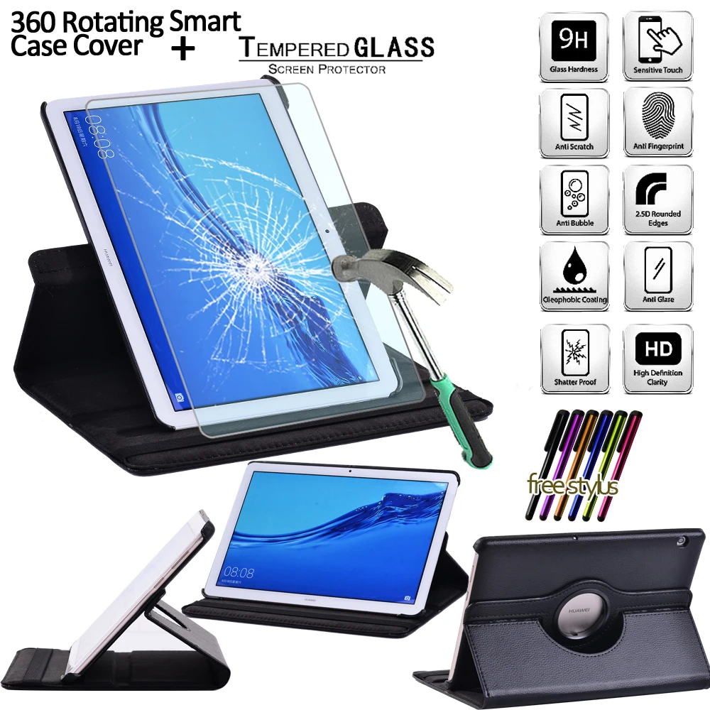 For Huawei MediaPad T5 10 10.1 Inch 360 Rotating Shell Black PU Leather Flip Tablet Stand Cover Case + Tempered Glass + Stylus