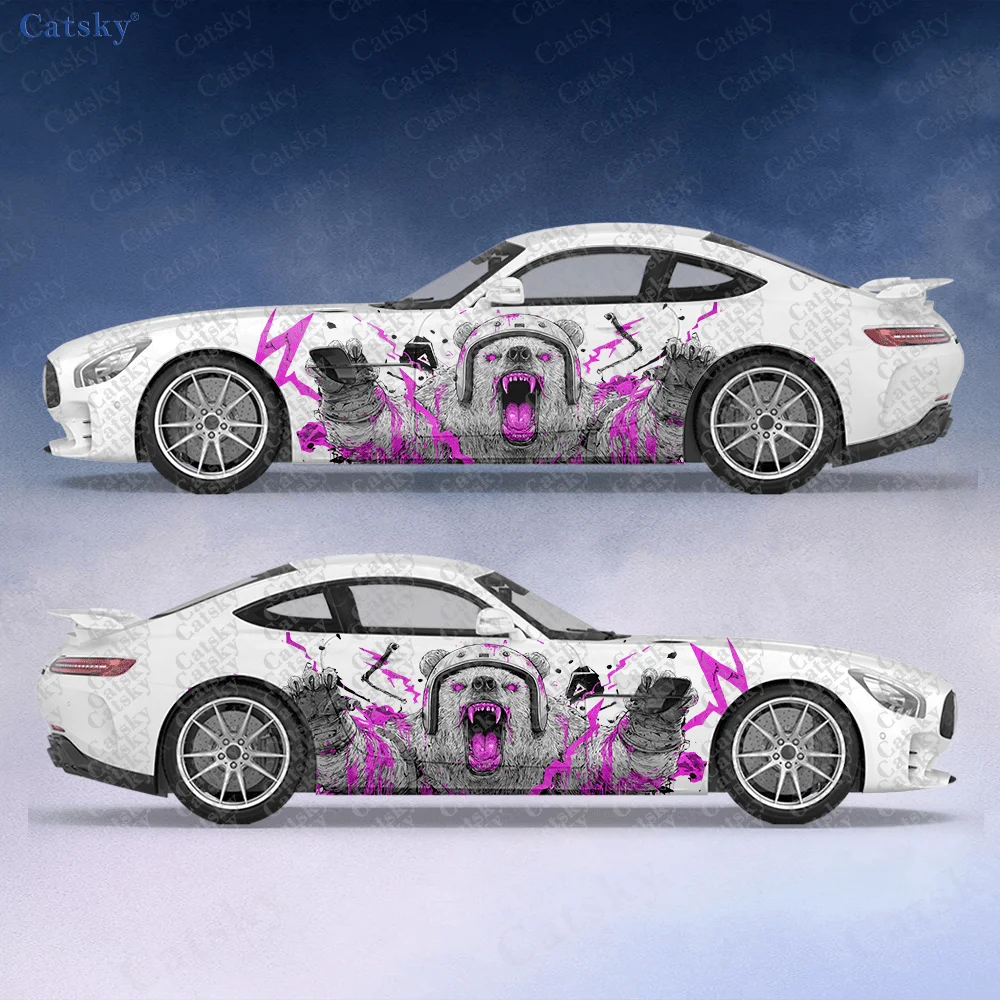 2pcs.Helmet Angry Bear Car Side Wraps, Self-Adhesive PVC Waterproof & Scratch-Resistant Stickers, Car Accessory Gift
