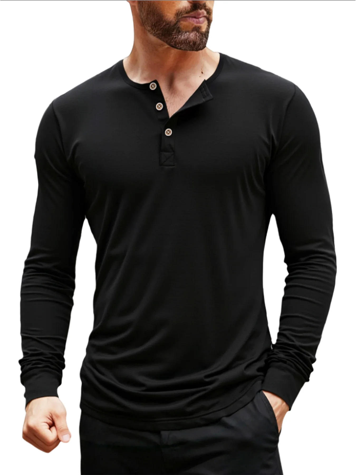 Men's Long Sleeved Henley Neck T-shirt Slim Fit Bottoming Shirt Fitness Tops Tees Button Neck Solid Color Casual Cozy Tshirt