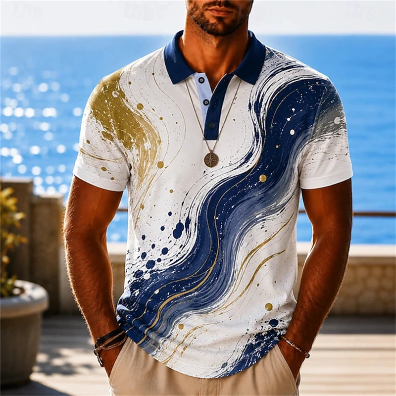 Men's Textured Print Summer Golf Shirt Fashionable Short-Sleeve Collared Shirt Casual Top Outdoor Street-Style Polo Shirt