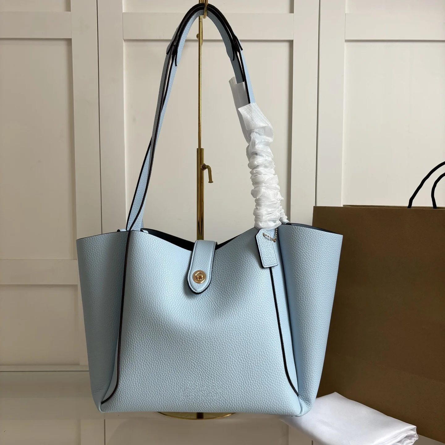 

New Light Blue Grained Leather Tote Bag | Top-Handle Bucket Bag | Large Capacity Fashion Handbag for Daily/Office