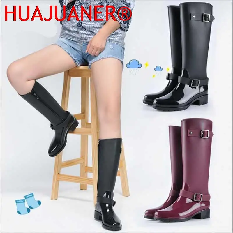 Женские высокие сапоги на молнии в стиле панк, однотонные резиновые сапоги для дождя, Уличная обувь для женщин, размеры 36-41