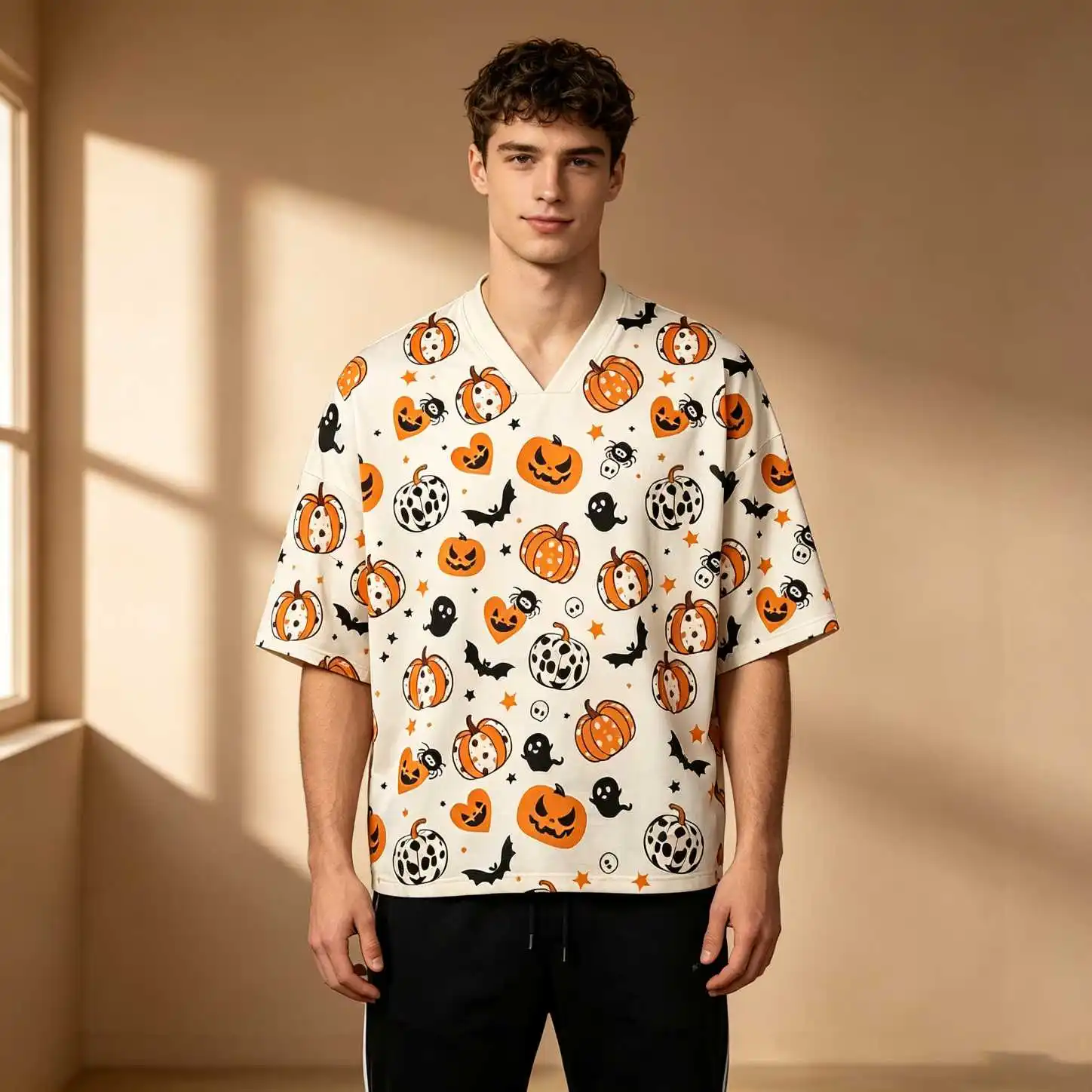 Pumpkin Bat Ghost Skull Print Fall Halloween Party Men Spooky Oversized V Neck Elbow Sleeve Tee, Loose Fit