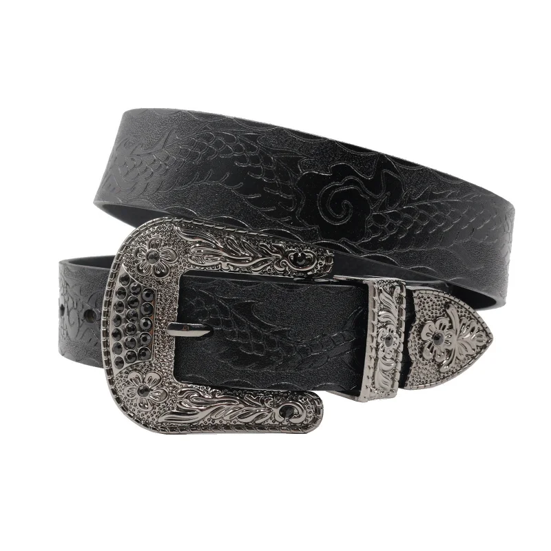 Western Dragon Embossed Leather Retro Rhinestone Pin Buckle Cowboy Leather Men Belt