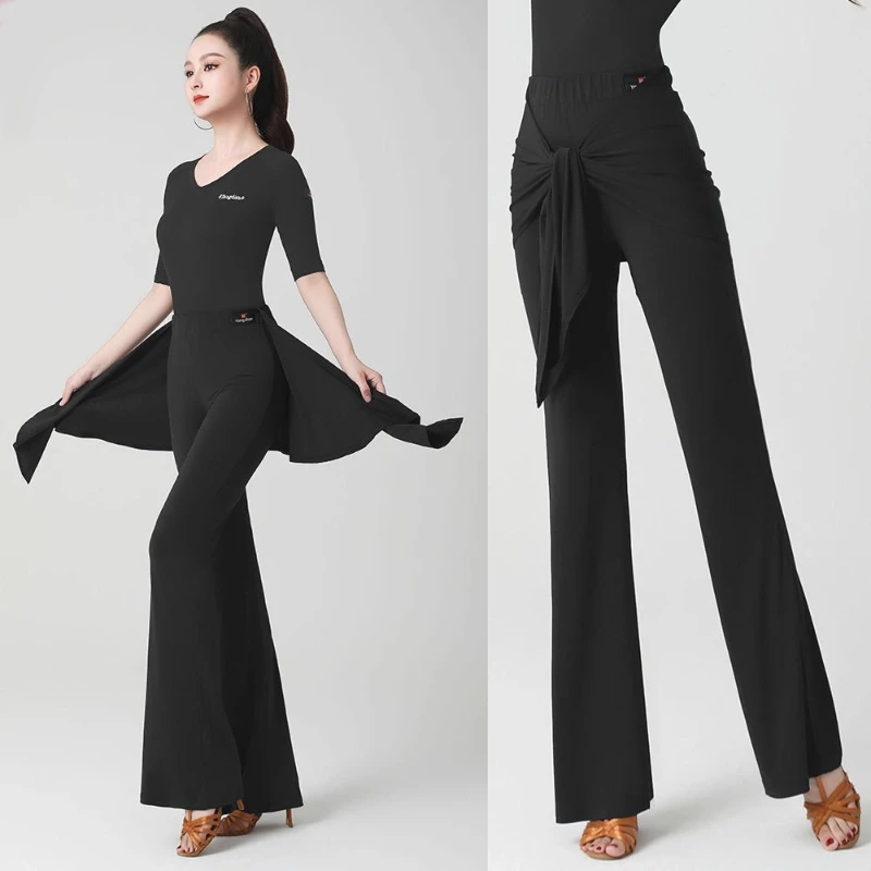 بنطلون رقص لاتيني جديد للخريف للنساء - بنطال طويل أسود عالي الخصر للرقص الحديث والرقص المربع والرقص في قاعة الرقص