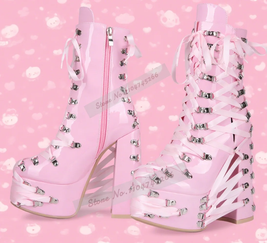 

Розовые блестящие лакированные ботильоны на массивном каблуке в стиле панк, короткие ботильоны на высокой платформе с металлической пряжкой и перекрестной завязкой, туфли на шнуровке